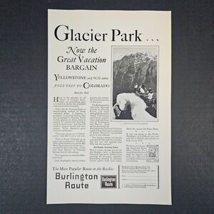 1927 Burlington Route Railroad Vintage Print‎ Ad Glacier National Yellowstone